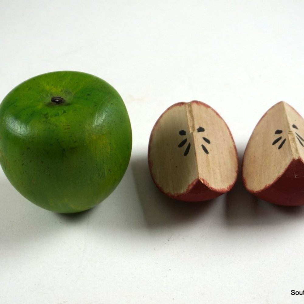 2x 3" Wooden Green & Red Sliced Apple Display Fake Fruit